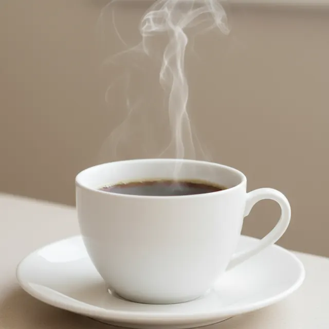 Eine schöne weiße Kaffeetasse, gefüllt mit dampfendem Kaffee